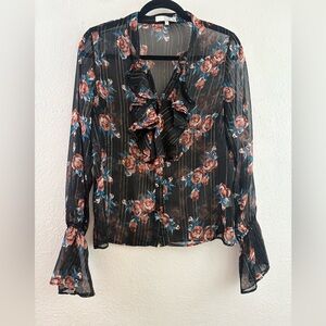 Fletch long sleeve floral print ruffle neck button down sheer blouse size M